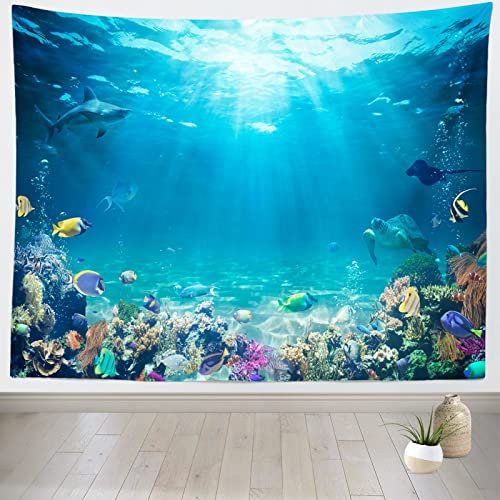 Loccor Underwater World Wandteppich, blauer Ozean, Wandbehang unter dem Meer, Korallenriff, Wandteppich, 203x152 cm, tropisches Aquarium, Unterwasser-Wandteppich, Wohnheim, Dekoration