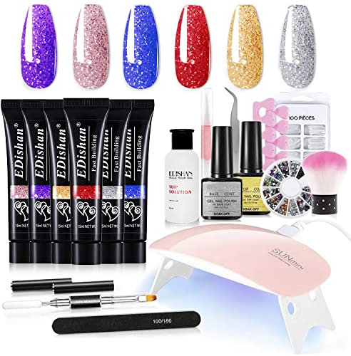 Uhat Poly Gel Nail Kit with Everything Nail Extension Gel Kit 48W LED Nail Lamp 8 Pcs 0.5oz Poly Gel Nail Kits with U/V Light Starter Kit Nail Supplies (18pcs set, Glitter)