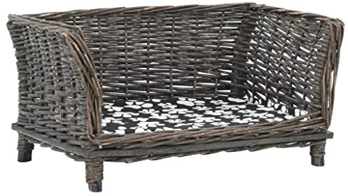 Kuscheliges Hundebett, Premium Haustierbett Hundekorb mit Kissen Grau 50x33x30 cm Natur Weide Hundekörbchen Hundesofa für Kleine, Mittlere und Grosse Hunde