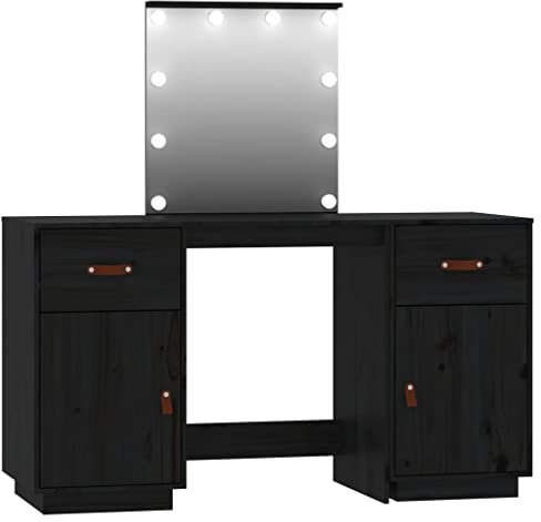 vidaXL Schminktisch-Set mit LED Schwarz Massivholz Kiefer, Frisiertisch, Frisierkommode, Schminktisch mit Spiegel, Schminktisch, Kosmetiktisch