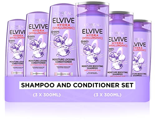 L'Oreal Paris Elvive Hydra Hyaluronic Dry Hair Regime with Hyaluronic Acid, Dry Hair, x3 Shampoo 300 ml, x3 Conditioner 300 ml