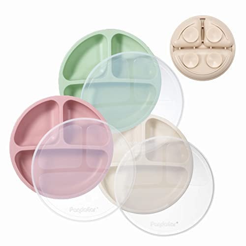 PandaEar Assiettes à succion en silicone pour bébés et tout-petits, lot de 3 assiettes divisées incassables avec couvercle - Lavable au lave-vaisselle et au micro-ondes (Rose Vert Beige clair)