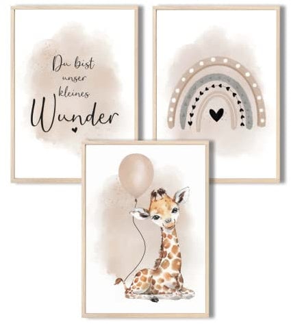 MeinBaby123® I Bilder Kinderzimmer | 3er Set DIN A4 Poster Set | Wandbilder | Kinderzimmer Poster | Deko Bilder Kinderzimmer Mädchen und Jungen | Wandposter Premium(Giraffe & Luftballon beige)