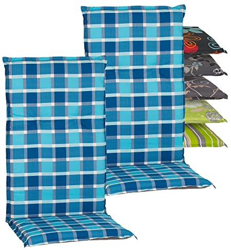 Beo Gartenstuhlauflagen Hochlehner 2er Set Barcelona | Made in EU nach Öko-Tex Standard | Hochlehner Auflagen waschbar | Atmungsaktive, UV-beständige Stuhlauflagen Hochlehner in Blau Kariert