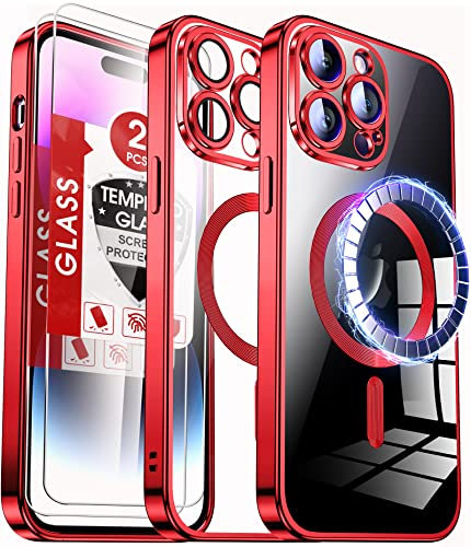 LeYi Magnetic Case for iPhone 14 Pro Max Compatible with Magsafe, [2PCs Tempered Screen Protector] [Build-in Camera Lens Cover] Ultra Slim Shockproof Phone Cover Support Wireless Charging Red