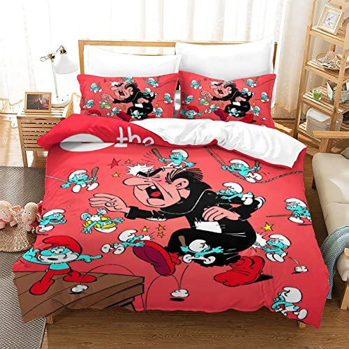 CIFEAR 3D Bettwäsche Bettbezug Smurfs Bettbezüge-Set + Kissenbezug Animation Mikrofaser Steppdeckenbezug Mit Reißveschluss Double(200x200cm)