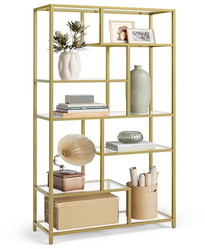 VASAGLE 6-Tier Bookcase, Slim Shelving Unit, Tempered Glass, Steel Frame