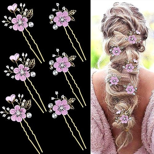 6 Pcs Bridal Flower Wedding Hair Pins Crystal Pearl Hair Pins Clips Headpiece Gold Wedding Hair Accessories Jewelry with Rhinestone for Brides Bridesmaids Women Girls Updo (Romantic Lilac Purple)