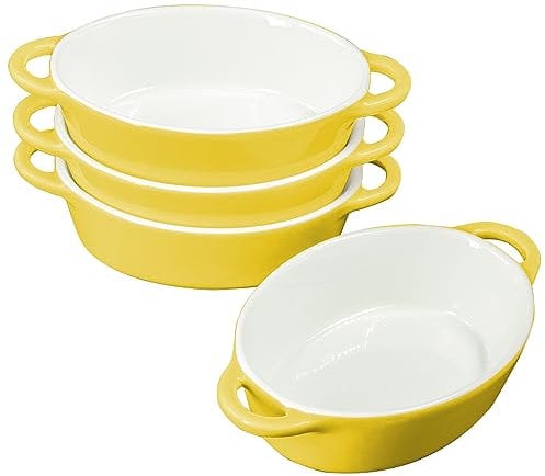 KVOTA 4-er Set MINI Auflaufformen ovale Ofen- Backform aus Keramik, Innenmaß ca.10,5x4x13,5cm, 300ml (Gelb). Ideal für kleine Portionen oder Dessert