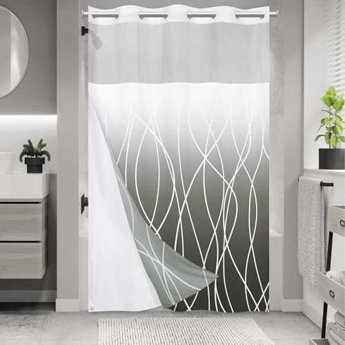 LXBNI No Hook Ombre Dark Grey Striped Stall Shower Curtain with Snap in Fabric Liner Set - Hotel Shower Curtain and Liner Set with See Through Mesh Top Window,Machine Washable, 54x80 INCH