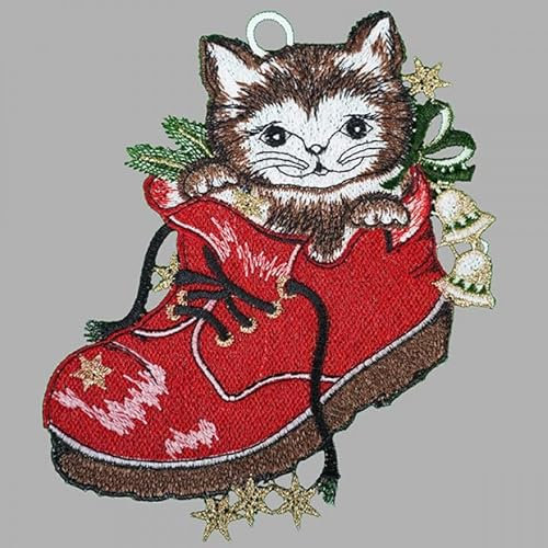 Fensterbild Fensterdeko Fensteranhänger aus Stickerei Herbst Weihnachten Verschiedene Motive mit Saugnapf (Katze im Schuh)