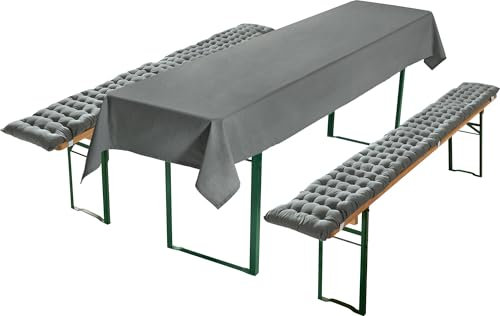 REDBEST Bierbank-Auflagen und Tischdecke 3-teilig grau Größe 90x260 cm - strapazierstark und langlebig, bequemer Sitzkomfort, mit elastischen Bändern