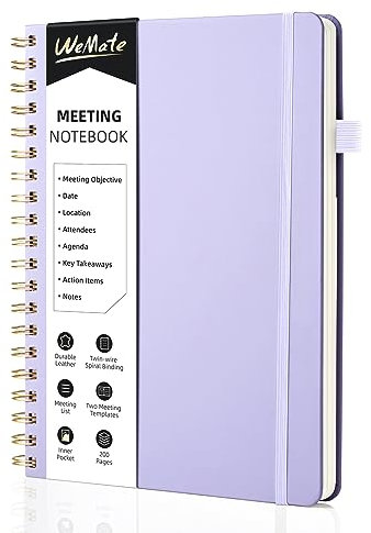 WEMATE Simplified Meeting Notebook for Work with Action Items 200 Pages, Office Supplies for Planner, PU Leather Hardcover Agenda Notebook for Business Taking Notes, B5 (10 × 7) - Light Purple