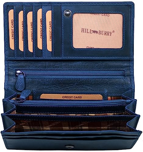 Geldbörse Damen Leder | Echt Leder Portemonnaie Frauen mit RFID Schutz - Hochwertiges Portmonee aus echtem Leder | Weiche Vintage Damenbörse mit Kartenfächer (Blau)
