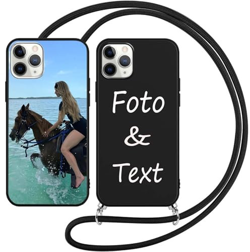 Handykette Personalisierte Handyhülle für iPhone 7Plus/8Plus Hülle mit Band Kette Kordel,selber gestalten für hülle Selbst Gestalten mit Eigenem Foto Bild Individuelle Schutzhülle Case,Schwarz
