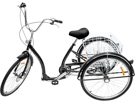 LKHDONG 26 Zoll Dreirad für Erwachsene, 6-Gang Seniorenfahrrad, 120 kg Tragfähigkeit, Antikollisionsstrahl, rutschfest und Verschleißfest mit Einkaufskorb - Schwarz