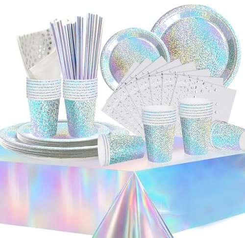 COLANANA Party Supplies,Silver Dots Birthday Decorations Party Tableware Set Contain Plates Tablecloth Cups Napkins Paper Straws for Baby Shower Birthday Wedding Partys Anniversary(16 Guests)