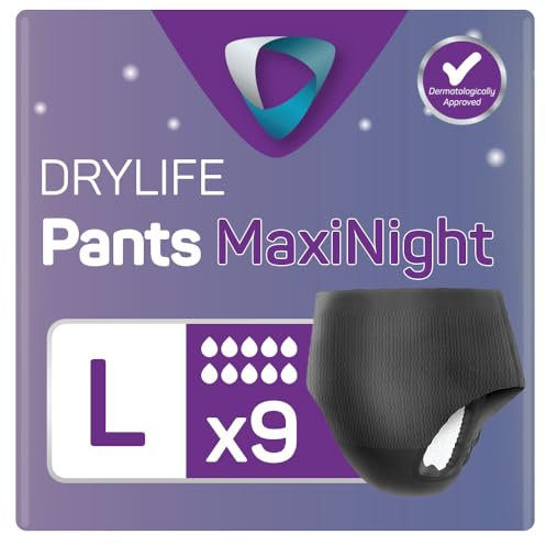 Drylife Pants Maxi Night Einweg-Inkontinenzunterhose zum Hochziehen, Uni, 3000 ml Saugfähigkeit, Schutz über Nacht, Auslaufsicherheit, atmungsaktives Material, Größe L, 1 Packung mit 9 Stück
