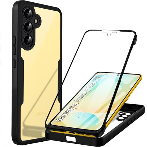 Coque pour Samsung S24 FE résistante aux chocs à 360 degrés avec protecteur d'écran intégré - Coque de protection intégrale robuste en silicone transparent pour Samsung Galaxy S24 FE - Noir