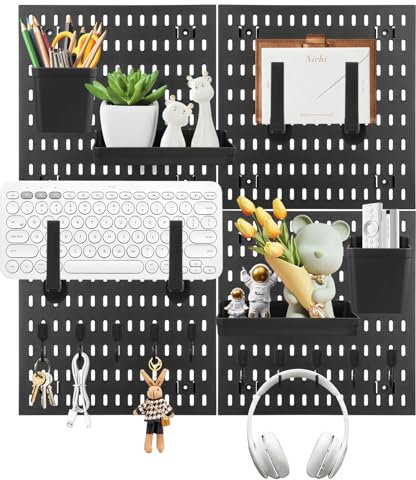 Wall Pegboard Organiser Kit,Black Peg Boards for Walls with 4 Tiles 30x30cm Pegboards & 18 PCS Accessories,Wall Storage Strategy for Room Organization and Decoration,Free Mxing & Easy Installation