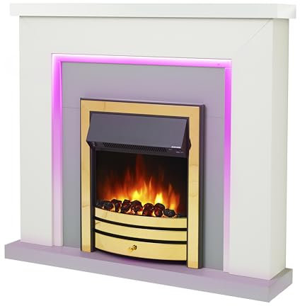 Endeavour Fires Bempton 42 Electric Fireplace Suite with Flame Effect & Coal Bed, Remote Control, Custom Surround, 13-Colour LED Lighting, Eco Heater, White Top/Grey Hearth/Brass Fire