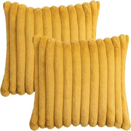 Tennove Kissenbezug 45x45cm Weiches Kunstpelz Plüsch Dekorative Kissenbezüge Gestreifte Flauschige Dekokissen Kopfkissenbezug Kissenhülle 2er Set für Home Wohnzimmer Schlafzimmer, Senfgelb
