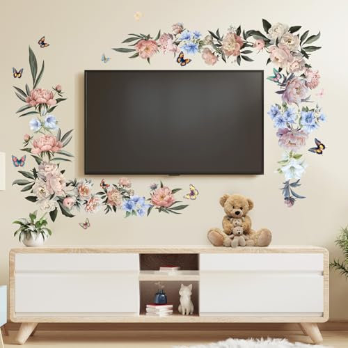 SHUCHING DIY Pfingstrose Blume Wandsticker, Bunt Modern Floral Wandaufkleber, Blumenkränze Wandtattoos für Wohnzimmer Schlafzimmer Wanddeko