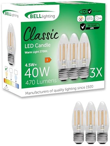 BELL Lighting E27 Filament Bulb LED Candle 3 Pack | Vintage Light Bulbs ES E27 Screw | Warm White 2700K | 470lm 4.5W | Energy Saving Decorative Bulb | 40W Equivalent | Non-Dimmable