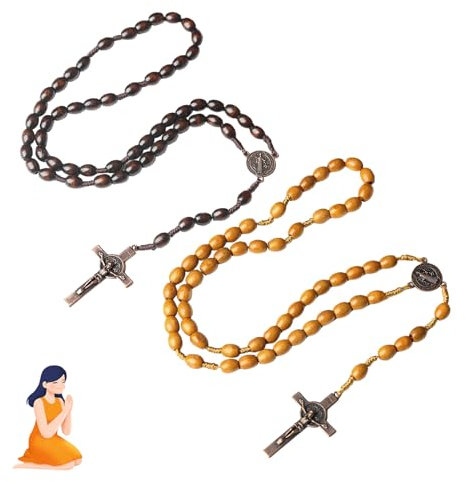 xianshi 2 Stück Rosenkranz schwarz,Taufe Rosenkranz,Kreuz Kette Holz,Jesus Kette,Rosary Necklace,Für Katholische Christen Religiöse Kommunion,Naturholz Gebetskette Christlich Religiöse,Messe, Bibel