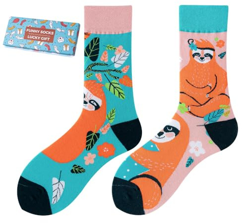 NxnChc Chaussettes Drôles Pour Femmes Et Hommes Unisexe Multi Motifs Paresseux Animaux Nourriture Sport Art Coton Cadeau Design Asymétrique Gauche-Droite