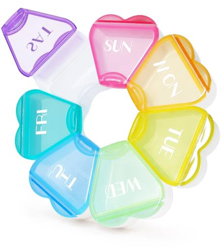 FHORAIN Runde herzförmige Pillenbox mit 7 großen Fächern für die Woche, reisefreundlich, Vitamin-Organizer (Mehrfarbig)