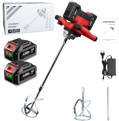 ONEVAN mezcladora de mortero a bateria, 40V batidora mortero hormigoneras electricas con 2 baterías de 4,0Ah, sin escobillas, vibrador de hormigon inalámbrico para pintura, yeso, cemento, mortero