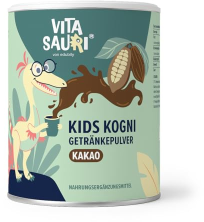 Vitasauri® Kids Kogni - Kakao Getränkepulver zuckerfrei für Kinder - Mit B-Vitaminen, Zink, Cholin, L-Theanin und resistentem Dextrin - mit Stevia gesüßt (240 g)