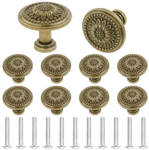 ZcrPrn Drawer Knobs, 10 PCS Antique Brass Kitchen Cupboard Handles, Vintage Floral Pattern Drawer Handles, Cabinet Knobs for Chest of Drawers, Furniture Cabinets, Dressers, Wardrobe Doors
