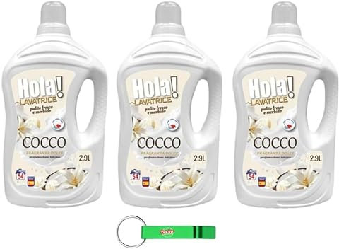 Hola Cocco - Detergente líquido para lavadora (3 unidades, aroma a coco, 54 lavados, 2900 ml, incluye llavero Beni Culinari gratuito)