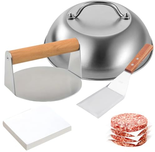 LEKEFETO Smash Burger Set, 3-Teilig Burgerpresse Set inkl.5,5 Zoll Round Smash Burger Press & Burgerglocke & Grillspachtel & 100 Fleischpastetenpapier, Edelstahl Grillbesteck Set für BBQ, Hamburger