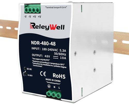 Fuente de alimentación carril DIN 48V,480W, 10A; transformador 230v a 48v led, carril DIN, alimentación 48 voltios, transformador campana, ReleyWell, NDR-480-48