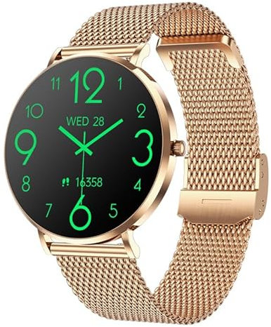 beyerswerklunapro Smartwatch Damen mit Bluetooth Telefonfunktion, 1.32 AMOLED Display, Fitnessuhr mit Puls- & Schlafmonitor, 100+ Sportmodi, IP68 wasserdicht, für Android iOS (Gold (steel strap))