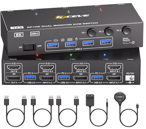 8K@60Hz HDMI Displayport Dual Monitore KVM Switch, ESKEVE KVM Switch 3 PC 2 Monitore Sharing 2 Monitore und 4 USB Geräte, mit Netzteil, Kabelfernbedienung und 3 USB Kabel