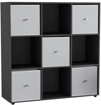URBNLIVING 9 Cube Storage Unit with 5 Foldable Fabric Drawers, Wooden Freestanding Bookcase Shelf Organiser, Modern Cube Shelving for Bedroom, Office, Living Room, Toys, Clothes & Books