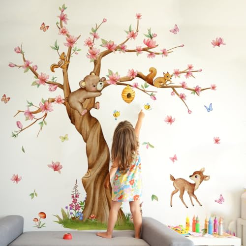 AMIGO Wandsticker Groß XXL Kirschblüte Rosa Baum Groß Wandtattoo Waldtiere Hirsche Bär Eichhörnchen Schmetterling Wandaufkleber Kinderzimmer Babyzimmer Schlafzimmer Wanddeko