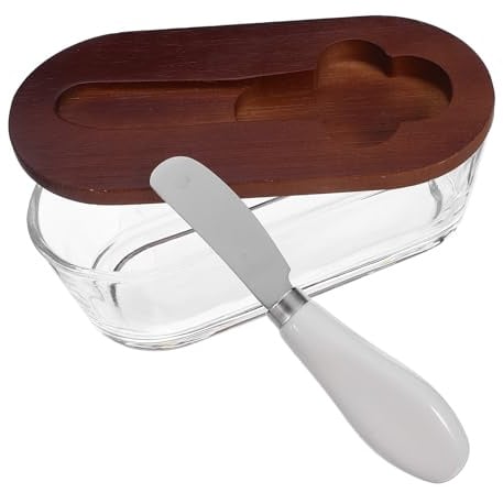 GLEAVI Rechteckige Butterdose mit Deckel und Eingebautem Messer aus Glas und Holz 300ml Butteraufbewahrung für Arbeitsplatte Einfach zu Reinigen und Elegantes Design