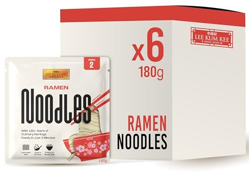 Lee Kum Kee Ramen Noodles 180 g (Pack of 6) - Asian Ramen, Ready in 3 Minutes, Hand-made Style, Tender Smooth Texture for Ramen Soup and Stir-fry, Serves 2 per Pack