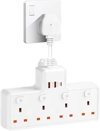 Multi Plug Extension Socket with 20W PD USB C,SHUOMAO 4 Way Plug Adapter UK Socket Extender with 3 USB,Short Extension Lead Wall Adapter with Switches for Living Room, Bedroom, Office, School