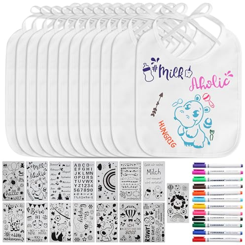 12 Lätzchen zum Bemalen, Baby Lätzchen mit Textilstiften für Babyparty | Mit 12 Stoffmalstiften und 15 Schablonen, Baumwollfront und EVA-Rückseite für Babyparty Spiele und Baby Shower