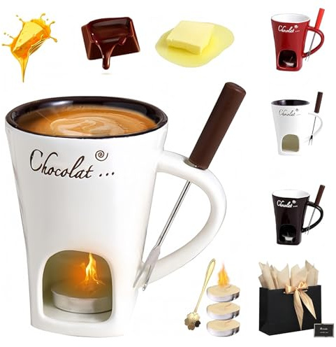 Liocwocne Chocolate Melting Mug with Tea Light, 130ml Chocolate Fondue Mug Set with Fork, Spoon & Candle, Ceramic Butter Warmers Pot Set, Stylish and Elegant(White)