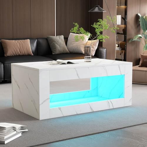 EURHCIO Table Basse Salon Blanche 50.5x100.5x50cm,Table D'appoint,Meuble Bas Rangement avec Éclairage LED Réglable,Télécommande,Motif Marbré,Design Minimaliste,pour Salon Appartements (N-Blanc)