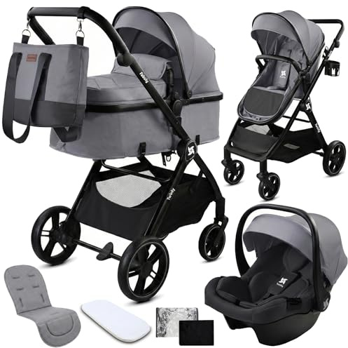 Twinly - Passeggino Trio 3 in 1 – Sistema Modulare con Carrozzina per Neonati, Ovetto Auto & Passeggino Leggero 25 kg portata – FABULY – Pieghevole con Borsa, Zanzariera e Parapioggia – [grigio]