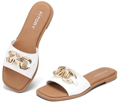 FITORY Women Flat Sandals Slip On Leather Slide Summer Pure White Size 6