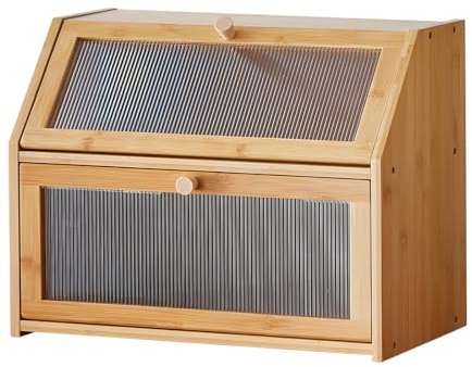 RMNKTHC Panera de bambú de 2 Niveles – Recipiente para Pan con Puerta de acrílico y diseño de Escalera, Especias y Accesorios de Cocina, Caja de Almacenamiento ahorradora de Espacio para Cocina